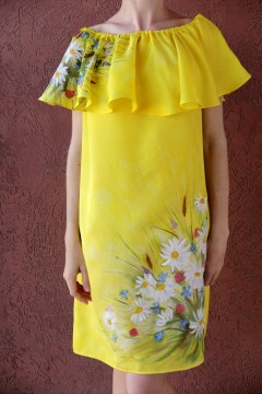 платье летнее РОМАШКИ нат. шелк, 46 размер, свободная роспись1